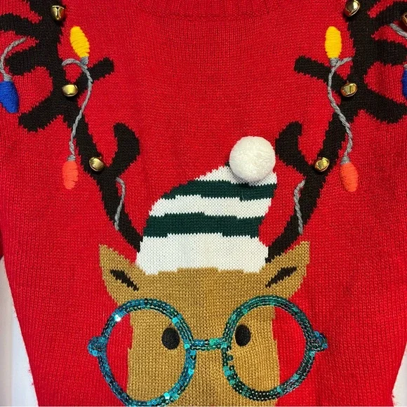Christmas Red Reindeer Crew Neck Sweater by US Company with bells - Picture 3 of 5